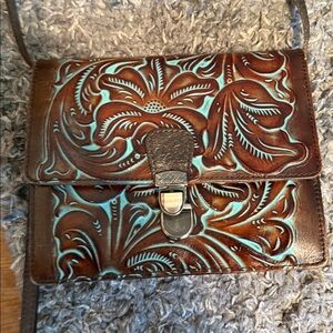 Patricia Nash Brown and Turquoise Floral Embossed Crossbody Bag